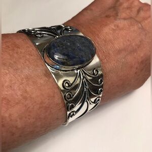 Lapis Lazuli Stamped 925 Sterling Silver Cuff Bracelet